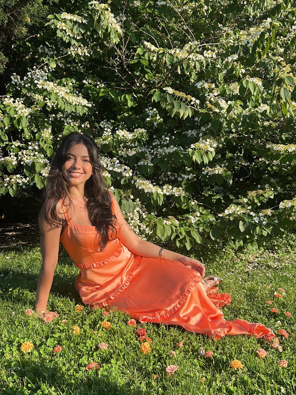 Show Me Your MuMu Peach Satin Tiered Ruffle Maxi Dress - Picture 15 of 16